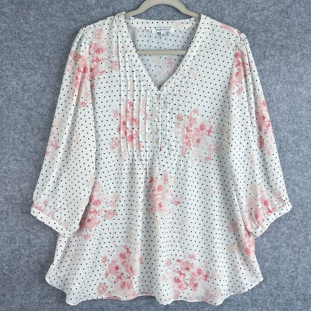 Rose Olive Tunic Top Womens 1X Floral Polka Dot 3/4 Sleeve Pintuck Boho Flowy